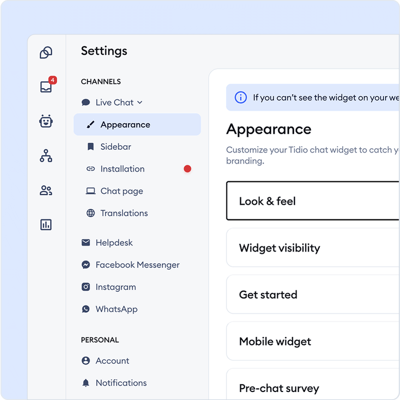 Personaliza la configuración del widget de chat en el panel de control.