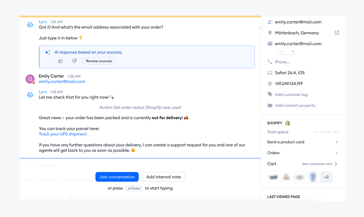 An example of a WISMO question automated with Lyro Action.