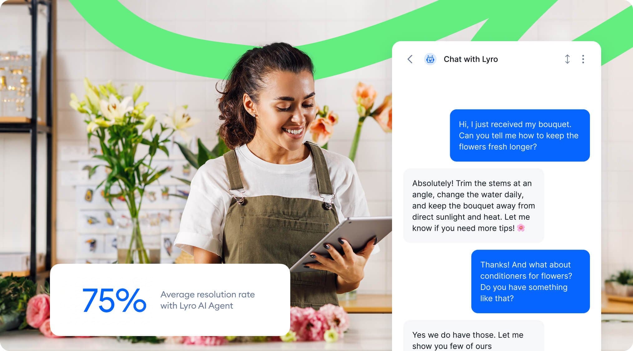 Nossos clientes alcançam uma média de 75% de resolução com o Lyro AI