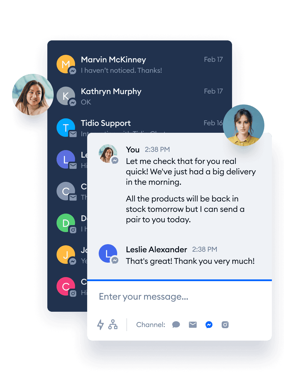Panel de Tidio con comunicación por Messenger