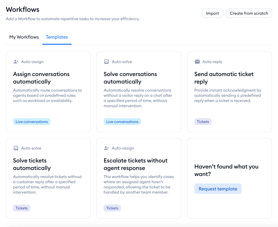 Tidio Workflows templates for auto-assigning, auto-solving, and escalating conversations and tickets