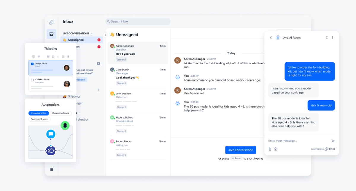Tidio inbox with live chat, Messenger and Instagram conversations beside a Lyro AI agent chat