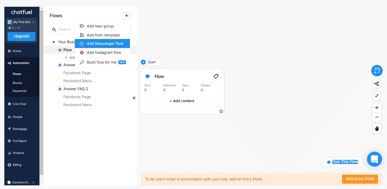 Chatfuel Flows builder with a flow and the add-flow menu