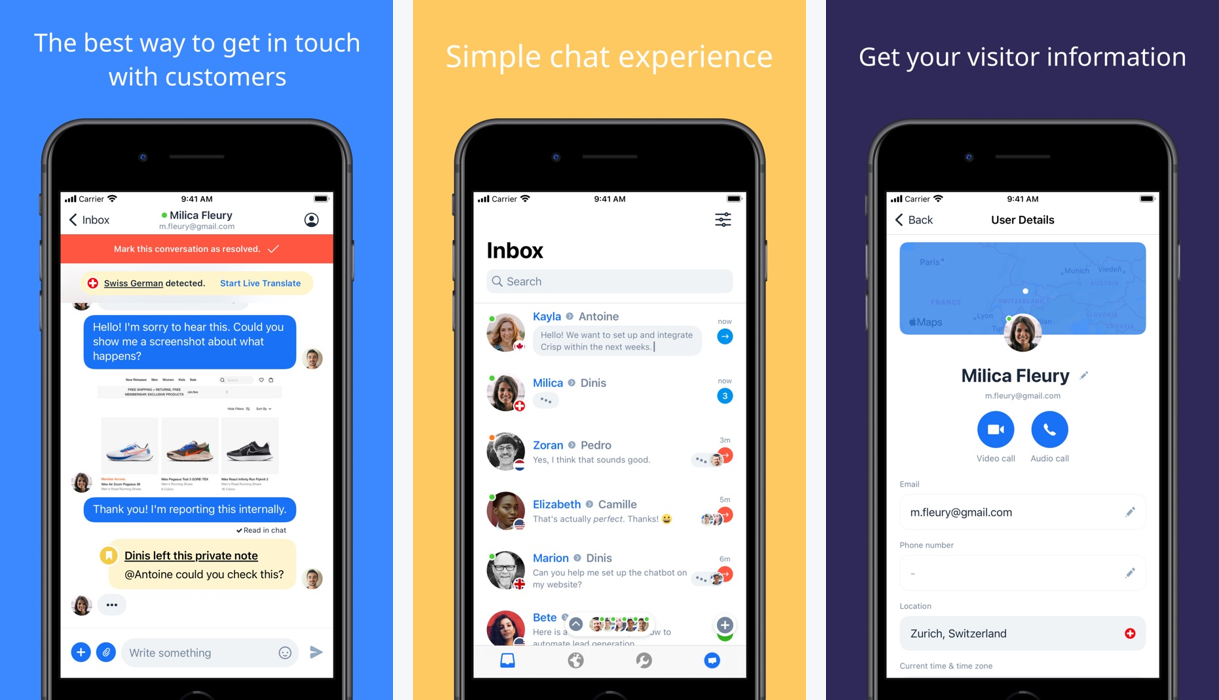 Crisp mobile app showing a conversation, the inbox list, and visitor details
