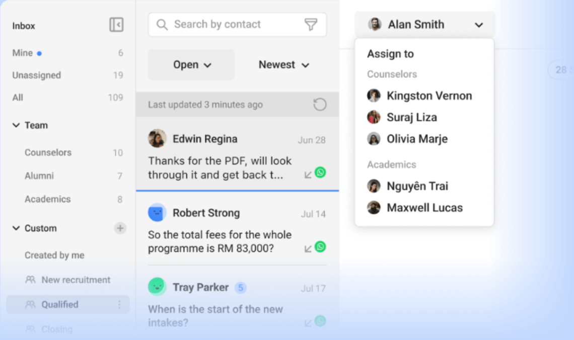 Respond.io inbox with WhatsApp conversations by team and an assign-to menu
