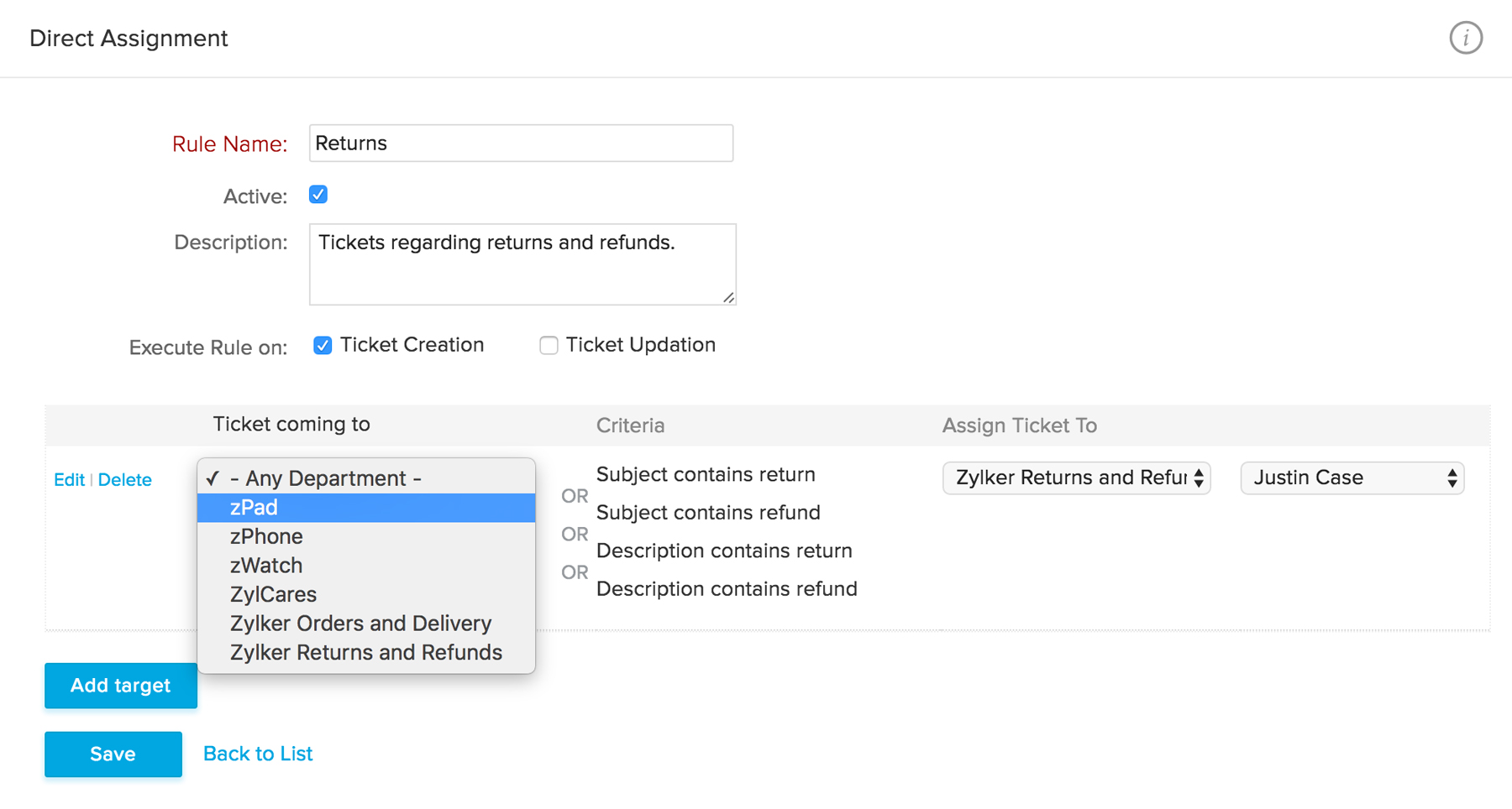 Zoho Desk direct assignment rule that routes tickets mentioning return or refund to a returns department