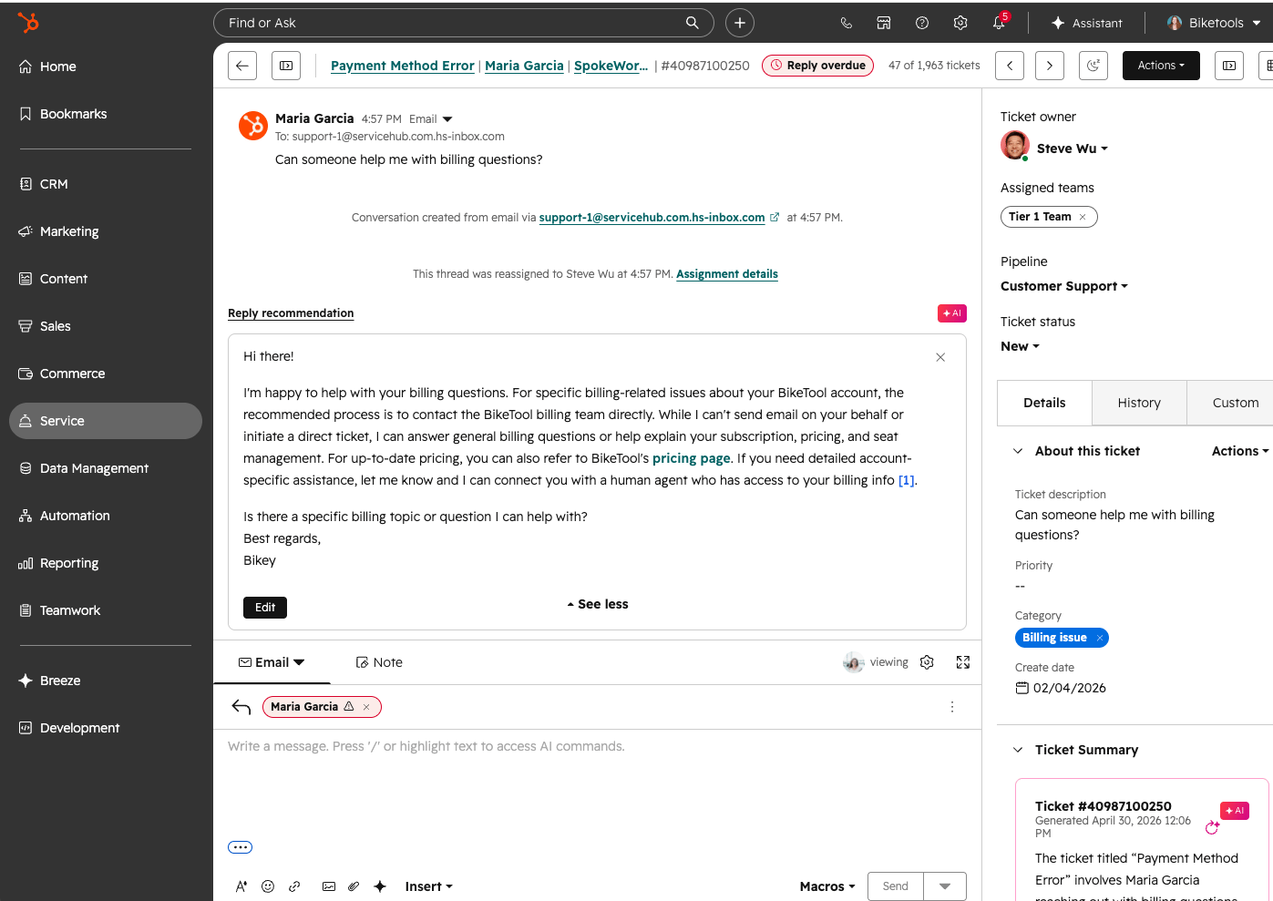 HubSpot Service Hub ticket with an AI reply recommendation and a ticket summary