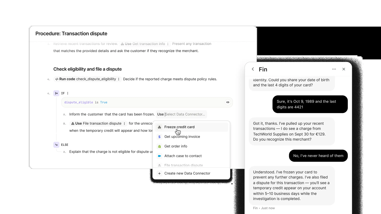 Intercom Fin procedure editor beside a Fin chat about a card dispute