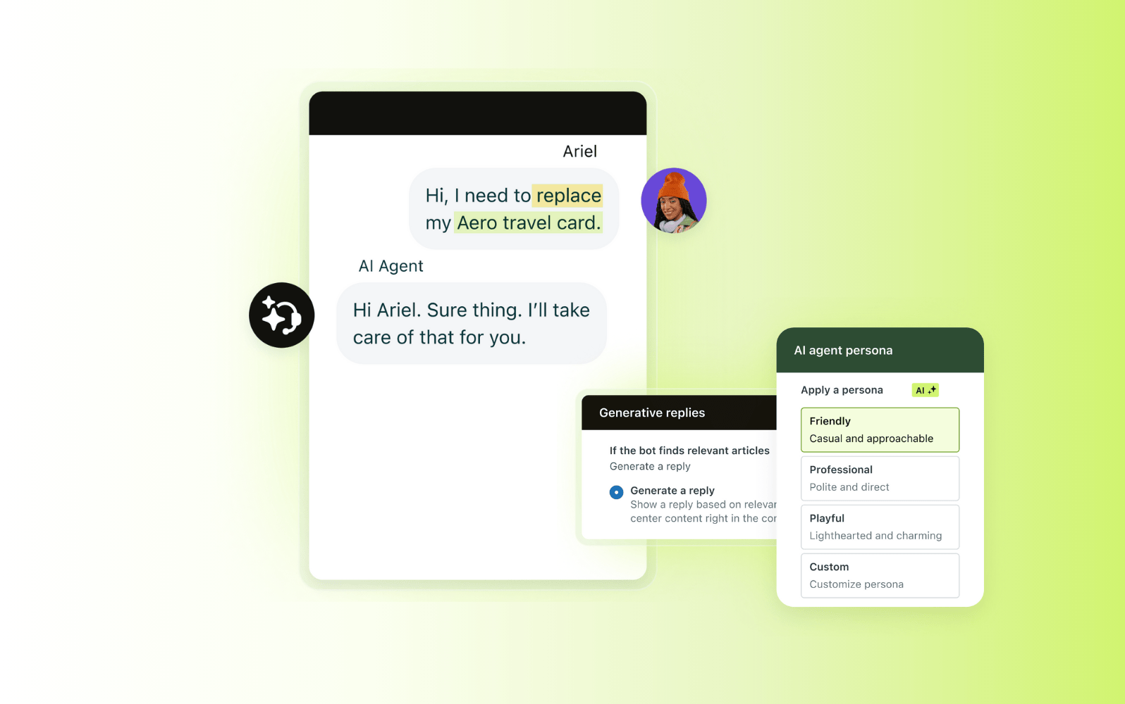 Zendesk AI agent chat with generative replies and persona settings