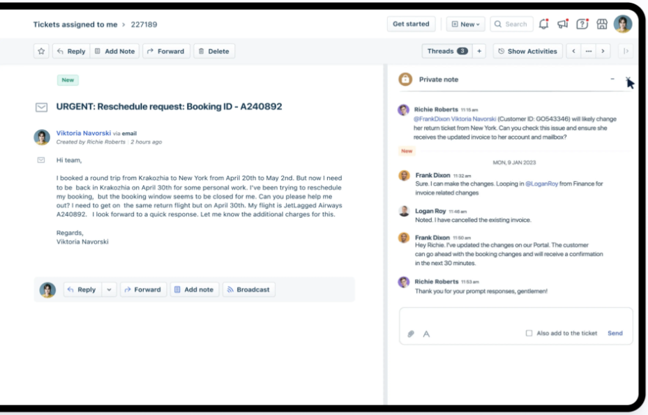 Freshdesk ticket with a customer email on the left and a threaded private note on the right