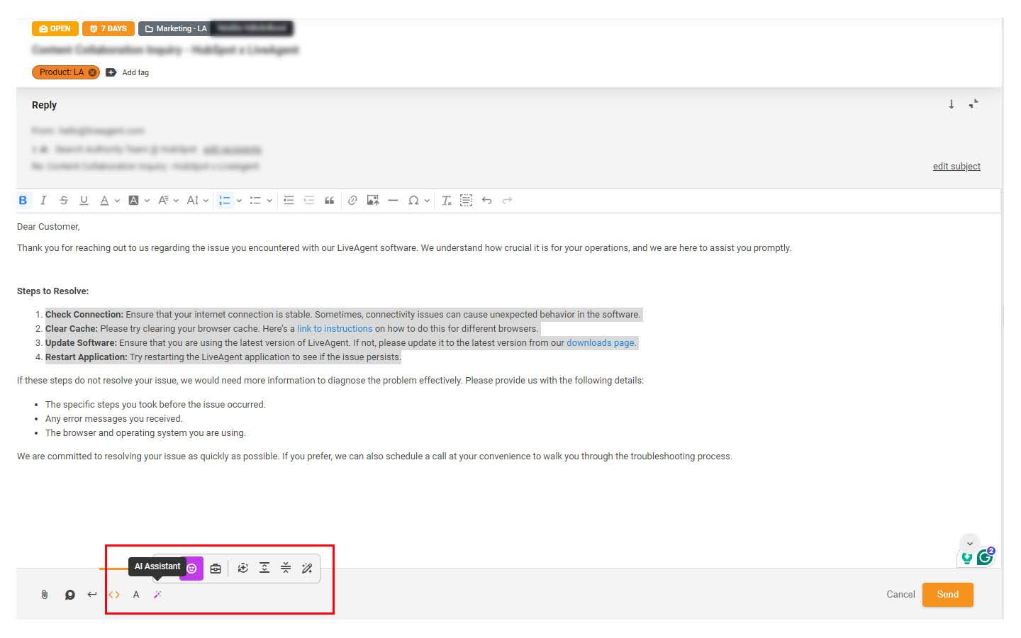 LiveAgent ticket reply editor with the AI Assistant button highlighted