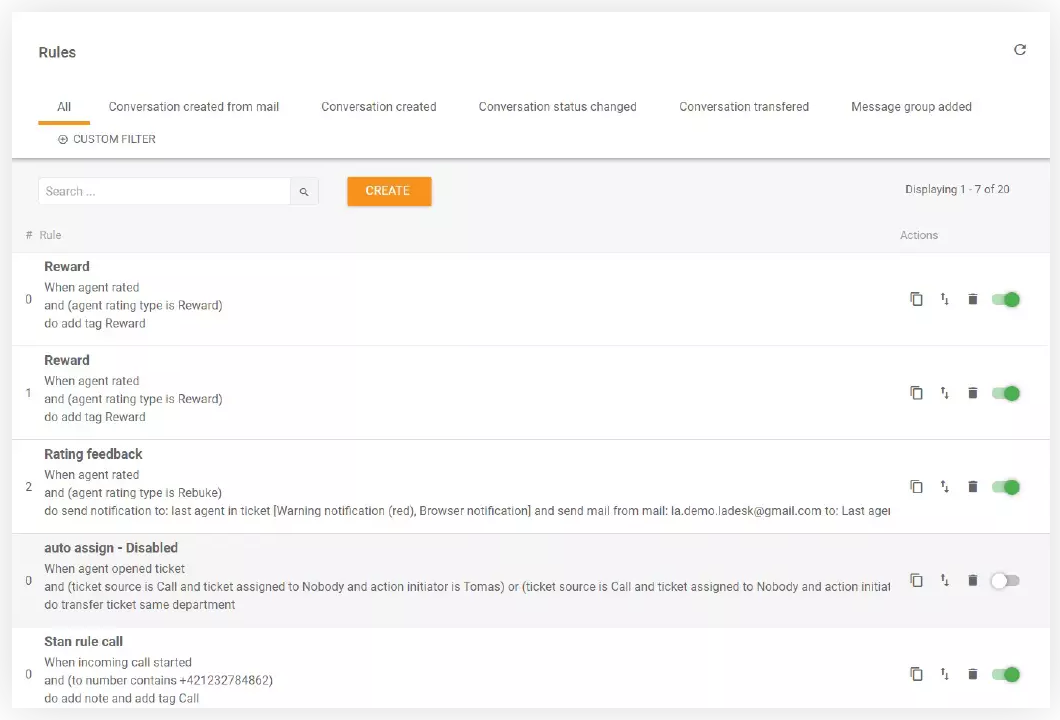 LiveAgent automation rules screen with conditions and actions