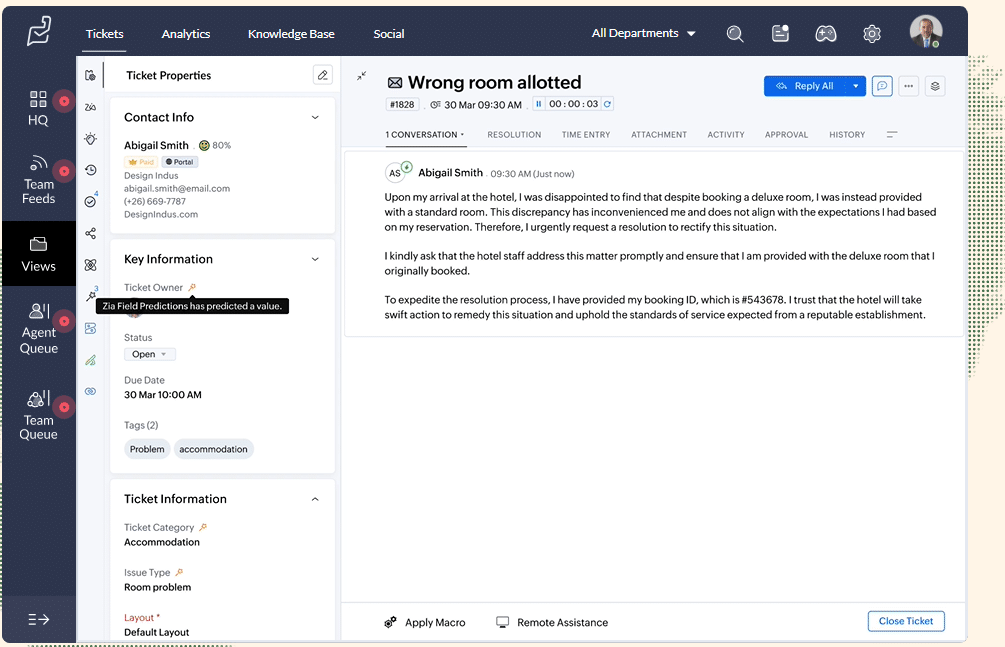Zoho Desk ticket with a customer message, a contact panel, status, due date and tags