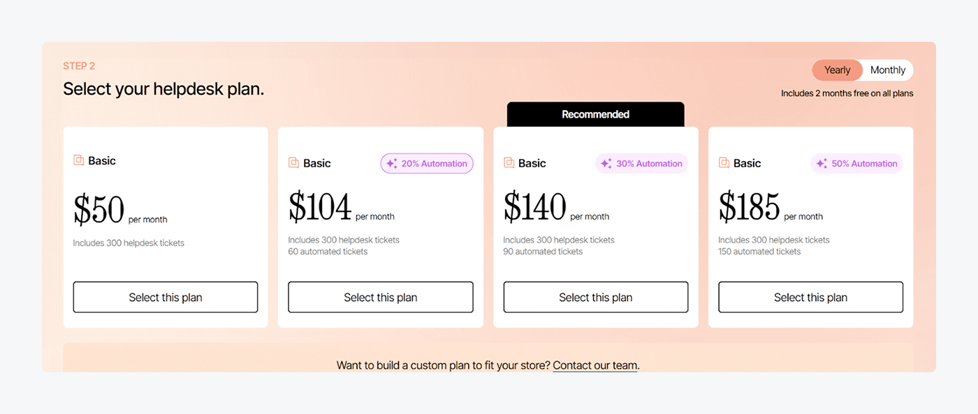 A screenshot of Gorgias pricing plans.
