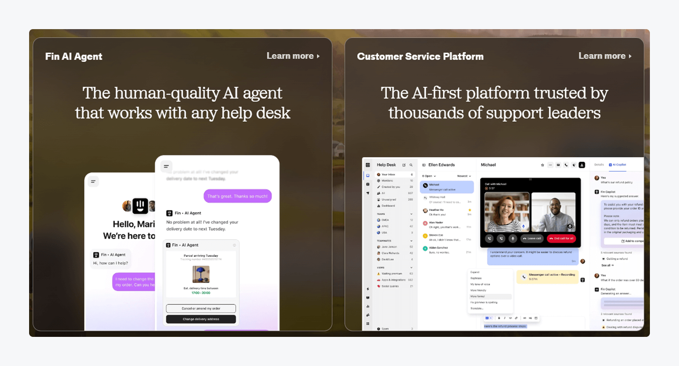 ntercom’s landing page with an overview of features