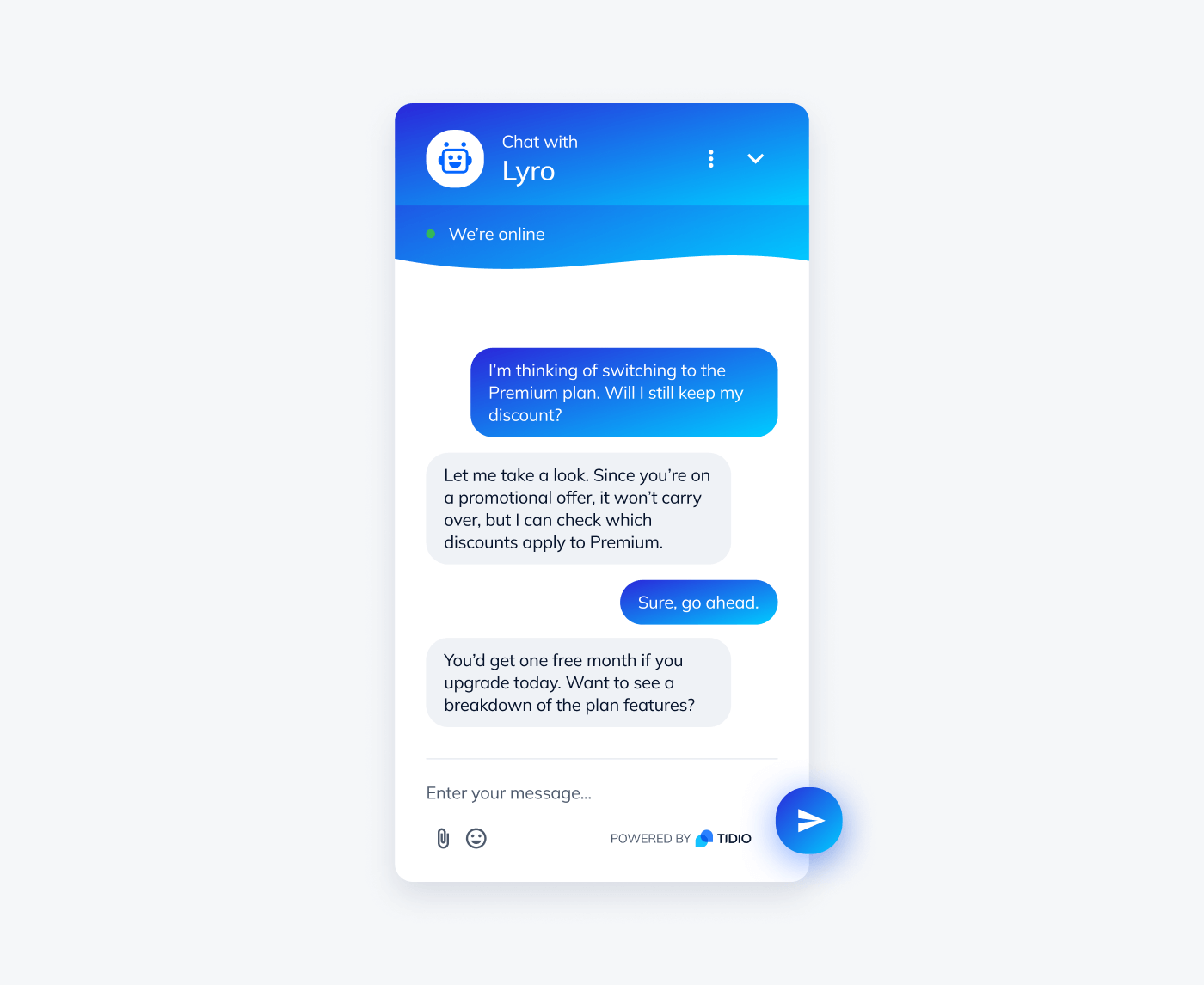 Lyro AI Agent helping a customer decide whether a discount applies to a new plan.