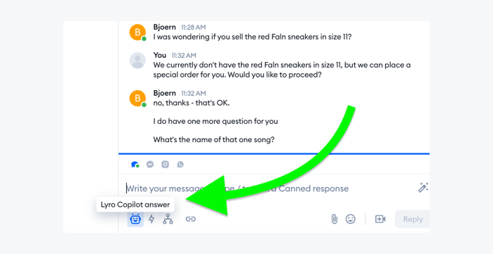Tidio’s conversation interface with an option to use Lyro Copilot and reply faster to customers.