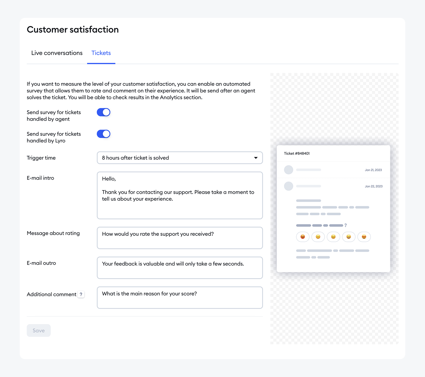 An overview of setting up a customer satisfaction survey in the Tidio panel.