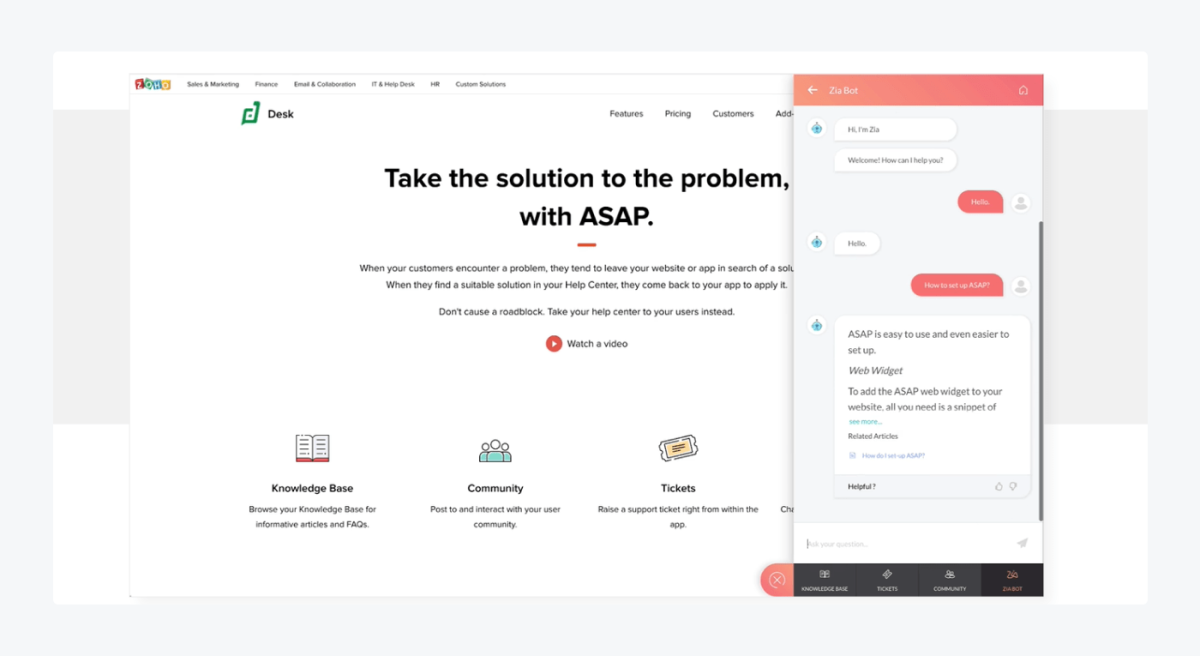 Zoho Desk ticketing and Zia AI suggestions