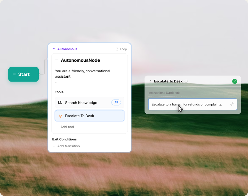 Botpress Studio autonomous node with knowledge search and escalation tools