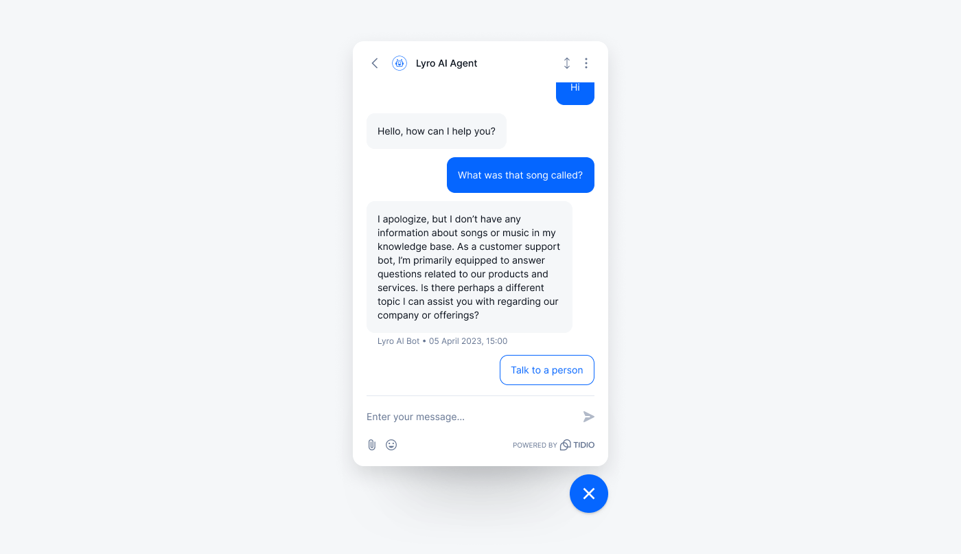 Lyro AI seamlessly hands off conversations to a human agent when unsure of the answer