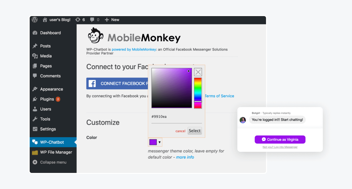 Customer.ia wordpress chatbot WP-Chatbot para Messenger por Mobile Monkey