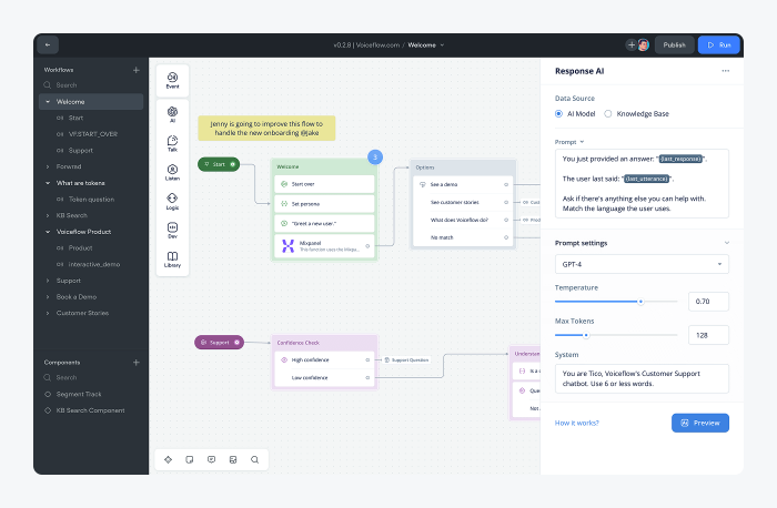 Example of Voiceflow Agent Builder interface.