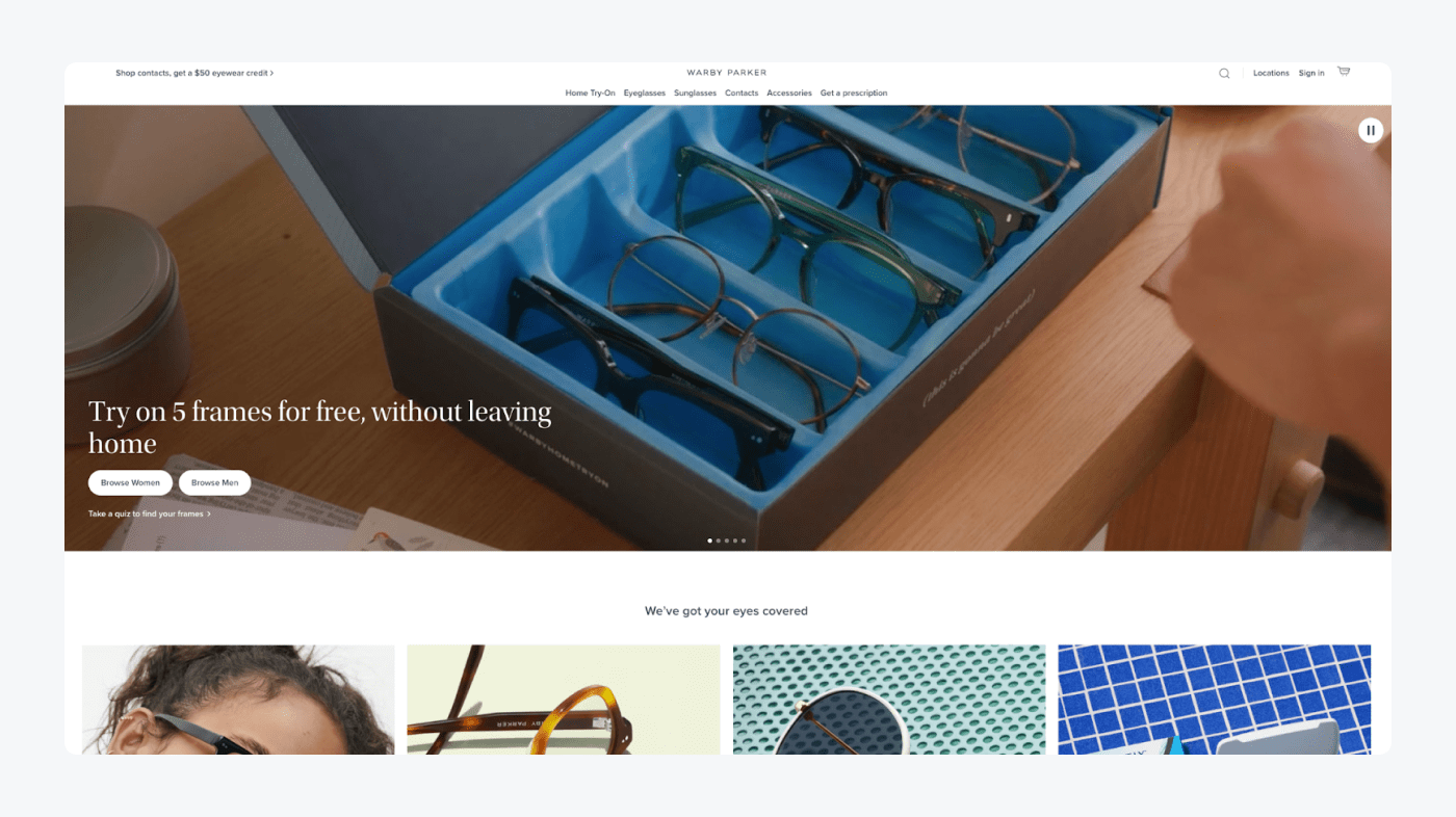 Warby Parker's landing page