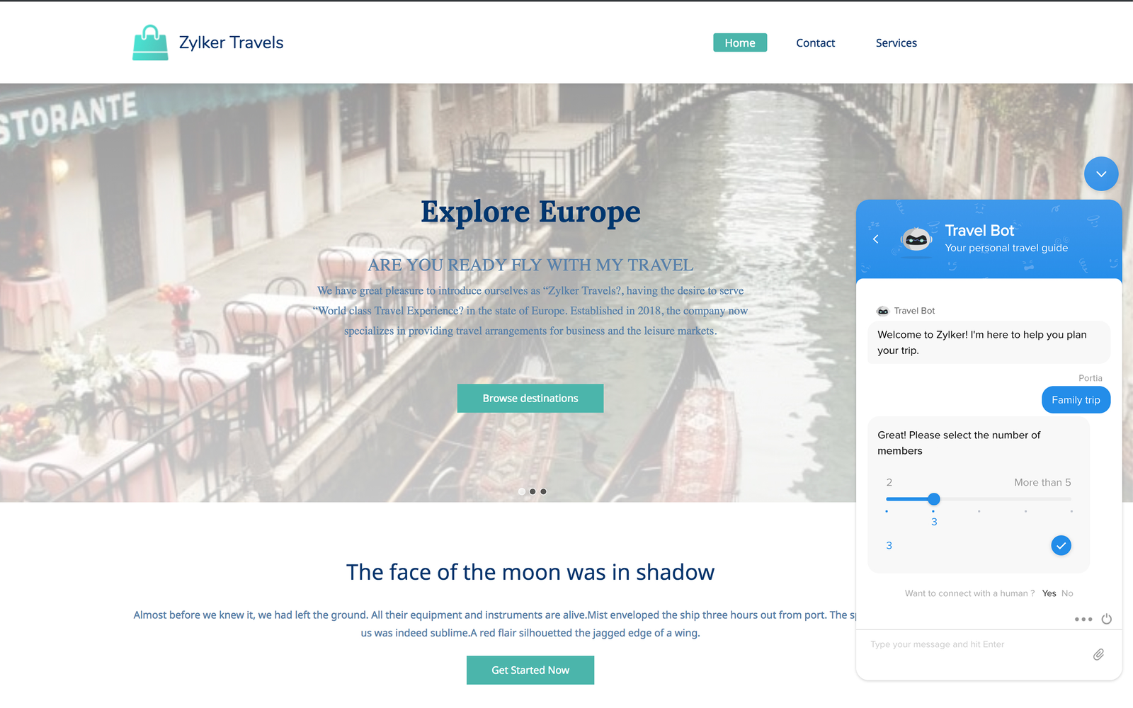Zoho SalesIQ website chatbot asking a visitor to pick the number of travelers