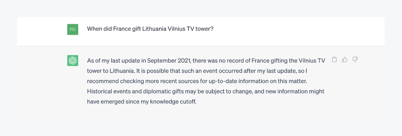 how ChatGPT answered about France giving a TV tower to Lithuania
