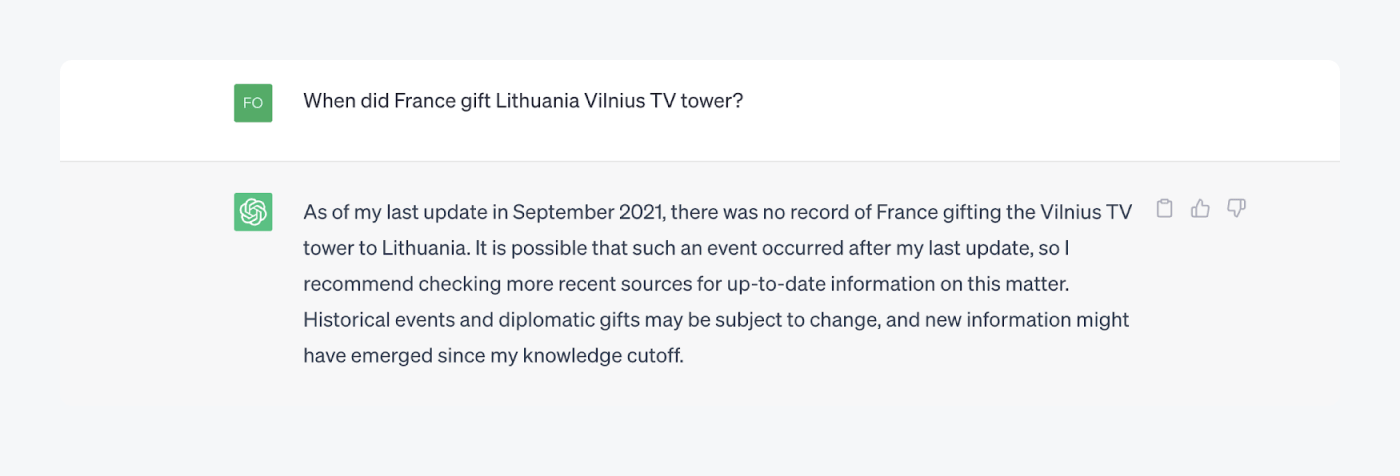 ChatGPT answer how ChatGPT answered about France giving a TV tower to Lithuania