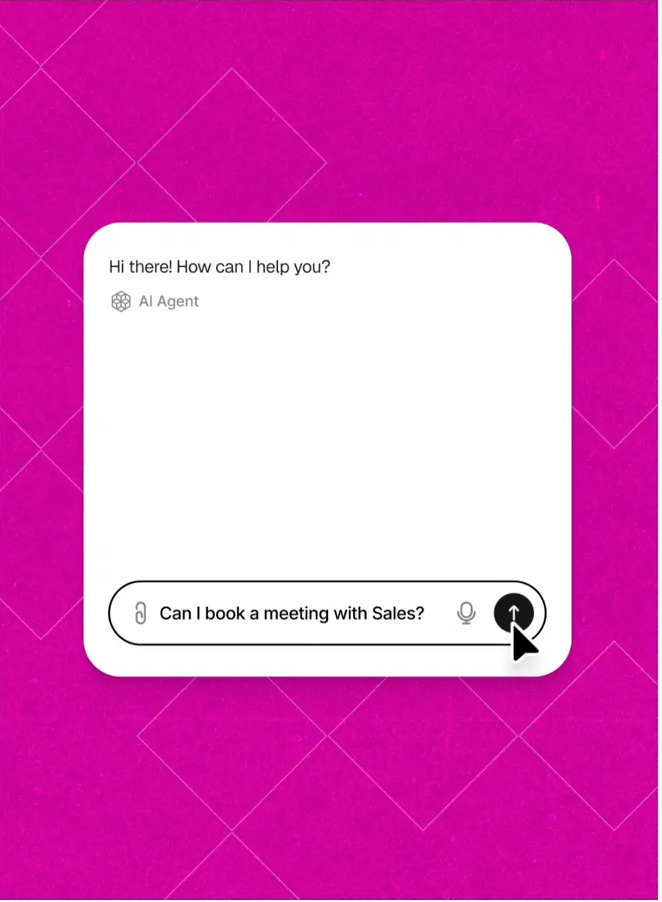 Chatbase AI agent chat widget with a sales question typed in