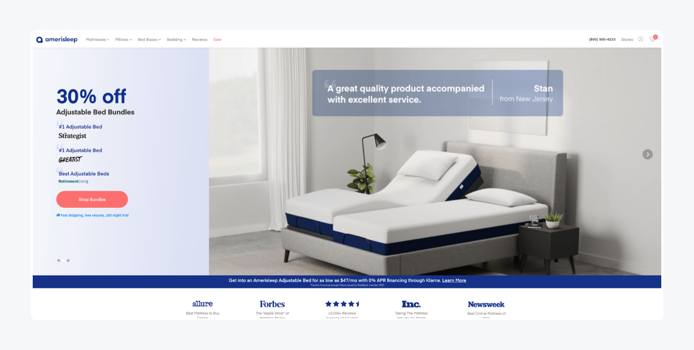 Amerisleep’s landing page Amerisleep’s landing page