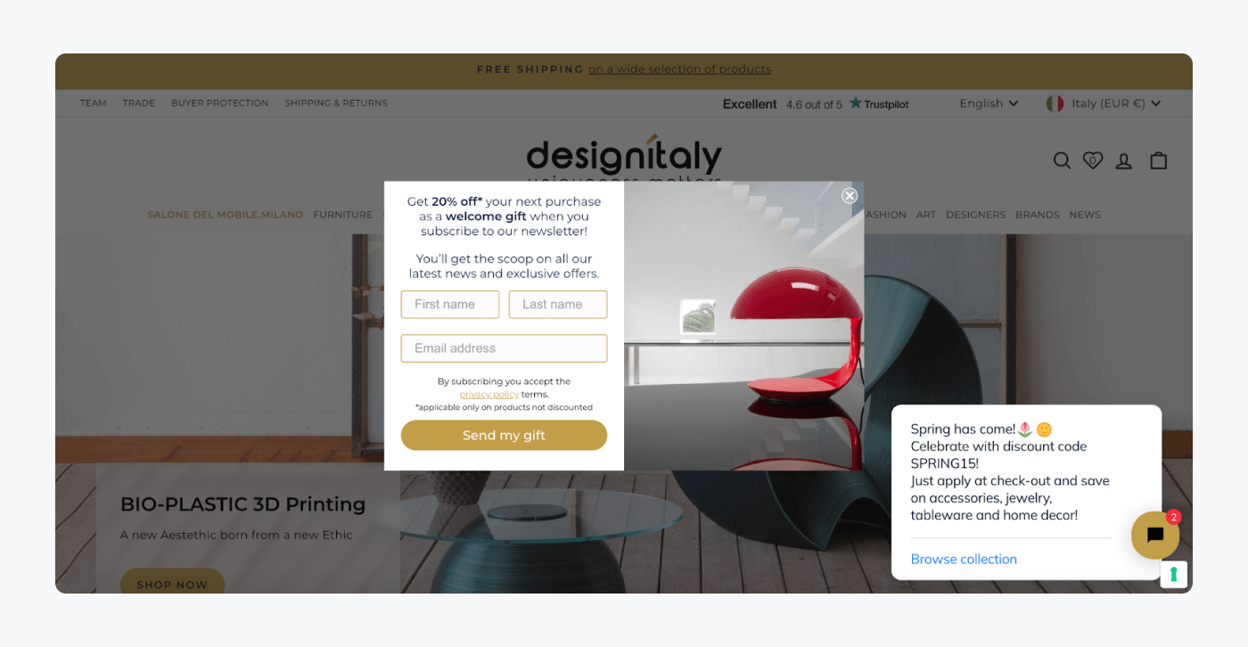 Design Italy pop-up with a chatbot to gain the best results example