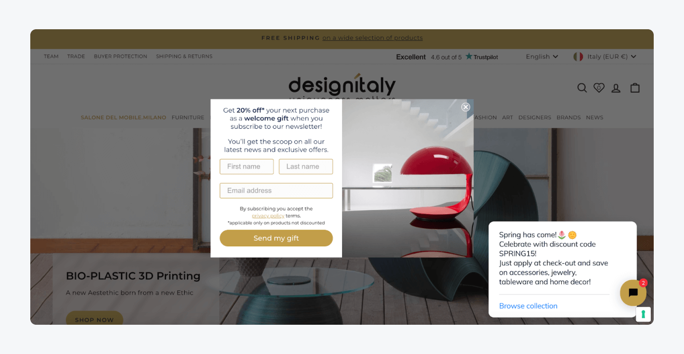 design italy example Design Italy pop-up with a chatbot to gain the best results example