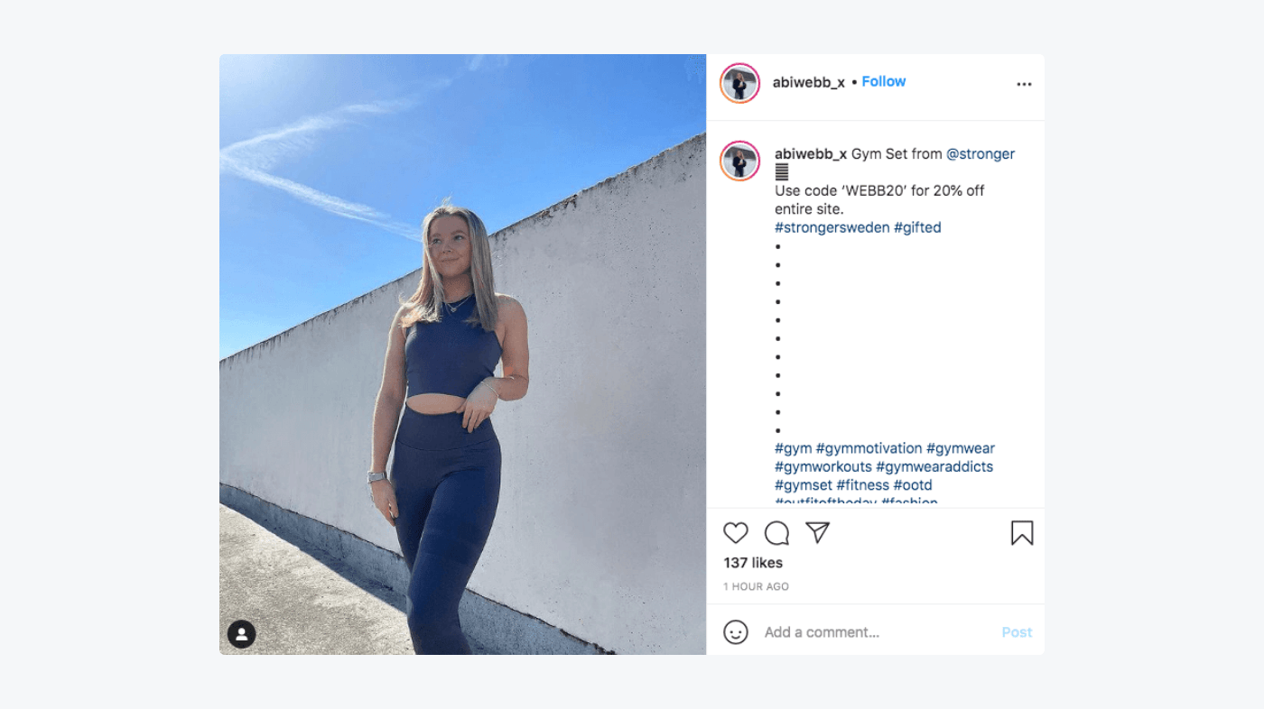 Influencer discount example by Abiwebb with Stronger Influencer discount example by Abiwebb with Stronger