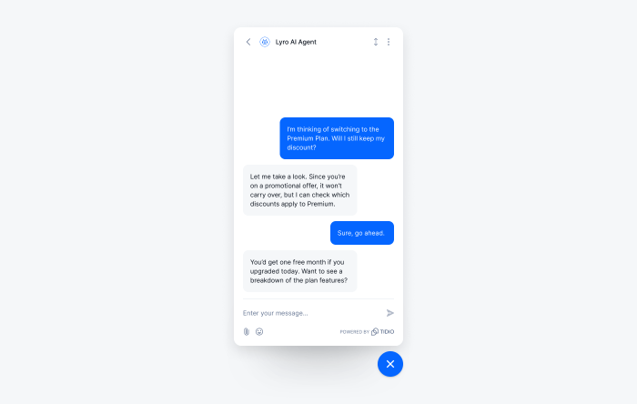 Lyro AI agent providing an answer about a Premium plan.