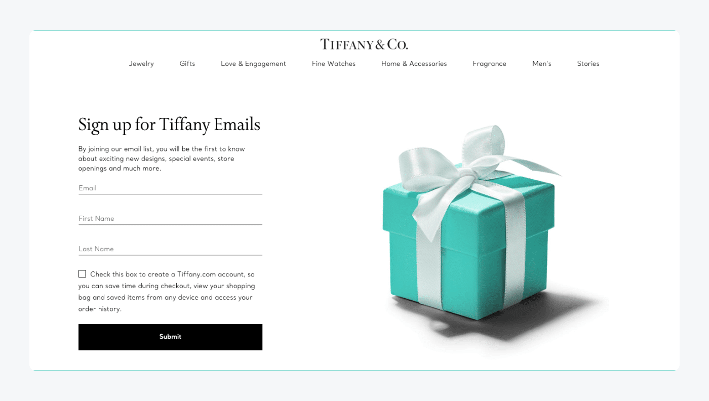 10. Tiffany & Co. email signup landing page example