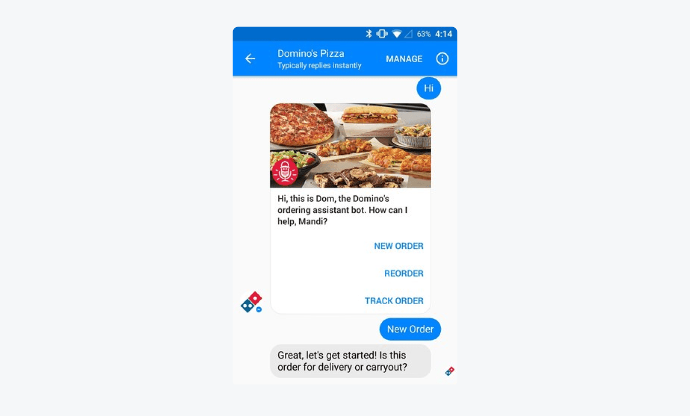 dominos landing page with chatbot