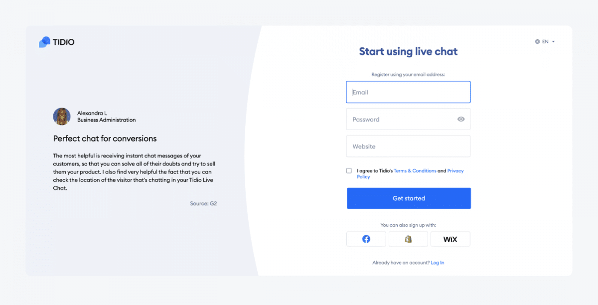 Sign up for a free account view on tidio websitr Sign up for a free account view on tidio websitr
