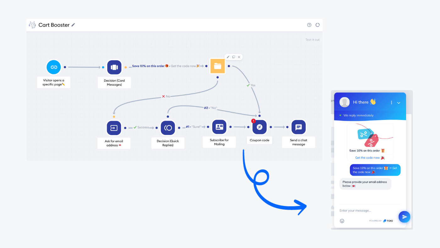 example of how to use Tidio for distributing coupon codes