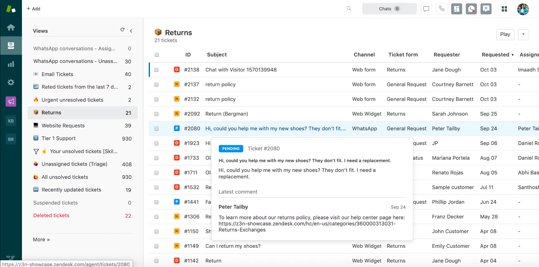 An example of Zendesk’s interface showing the Returns tab