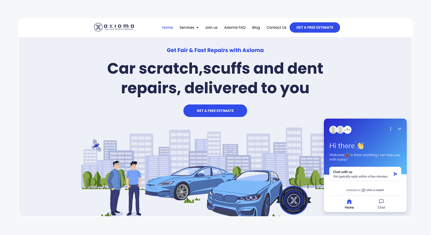 Axioma’s homepage with Tidio’s Lyro AI agent ready to assist users.