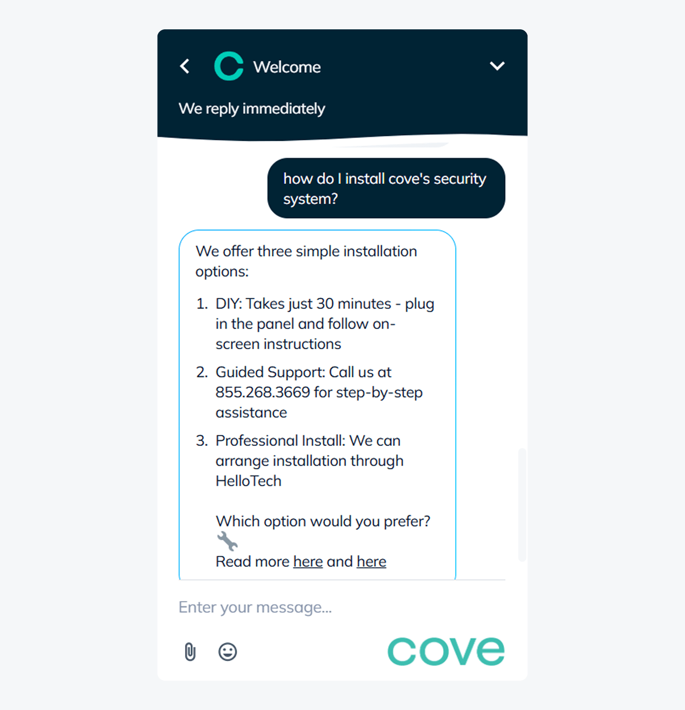 An example of Cove Smart using Lyro AI to respond to customer queries.