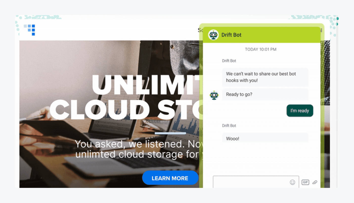 Drift platform’s overview highlighting sales-focused tools such as chatbots