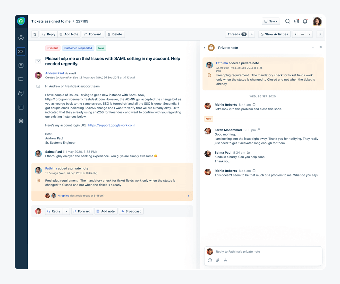 Freshdesk private notes