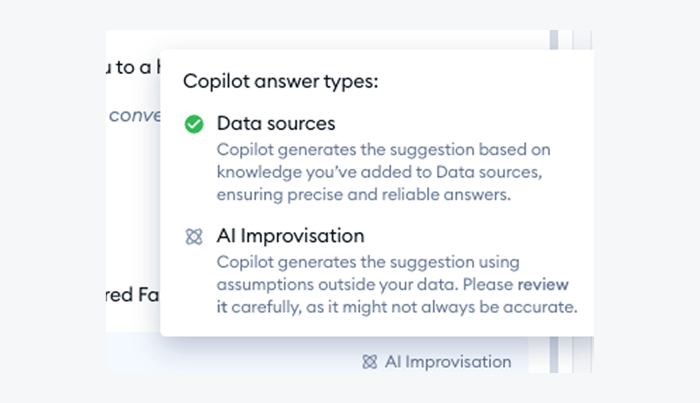 A selection of Lyro Copilot answer types, including data sources and AI improvisation.