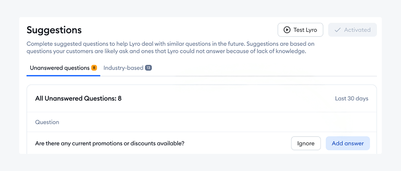 Lyro Suggestions tab