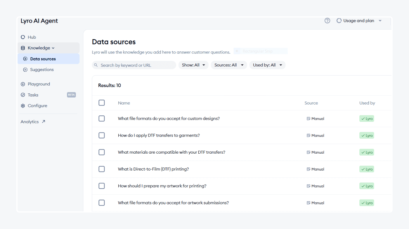 Lyro trains on your FAQs and knowledge base articles