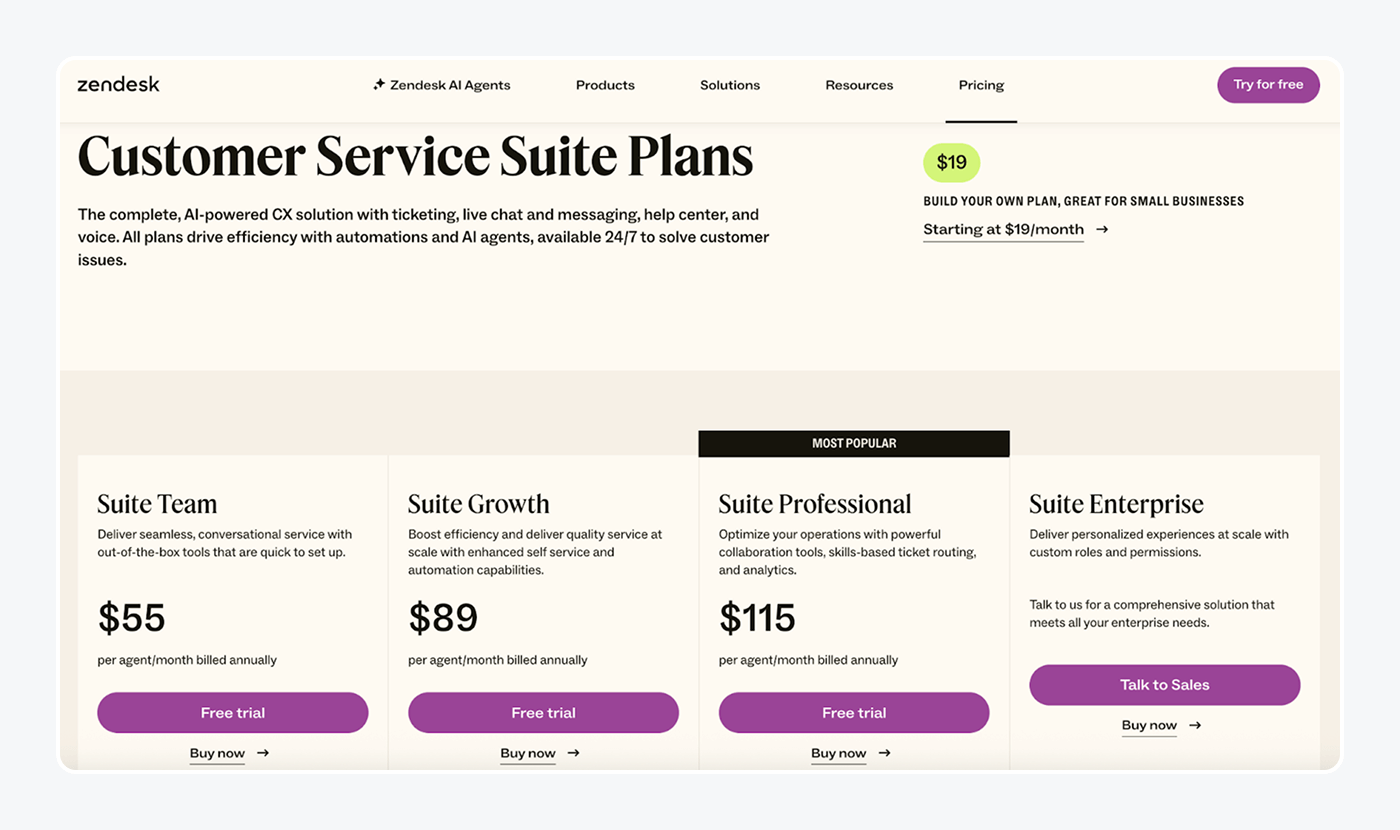 Zendesk pricing page